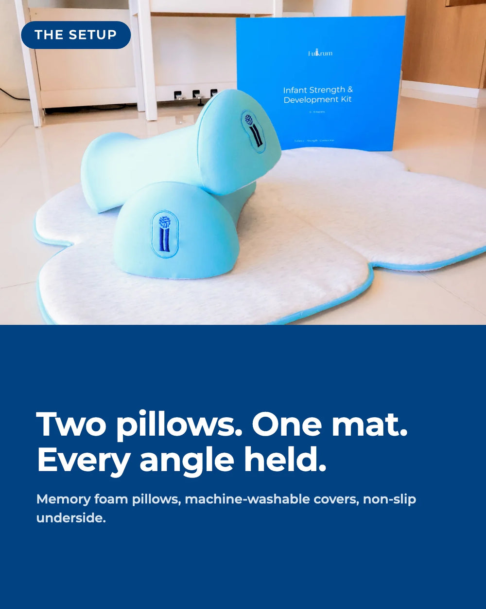 The Core kit, two blue positioning pillows on the mat beside the retail box