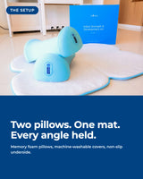 The Core kit, two blue positioning pillows on the mat beside the retail box
